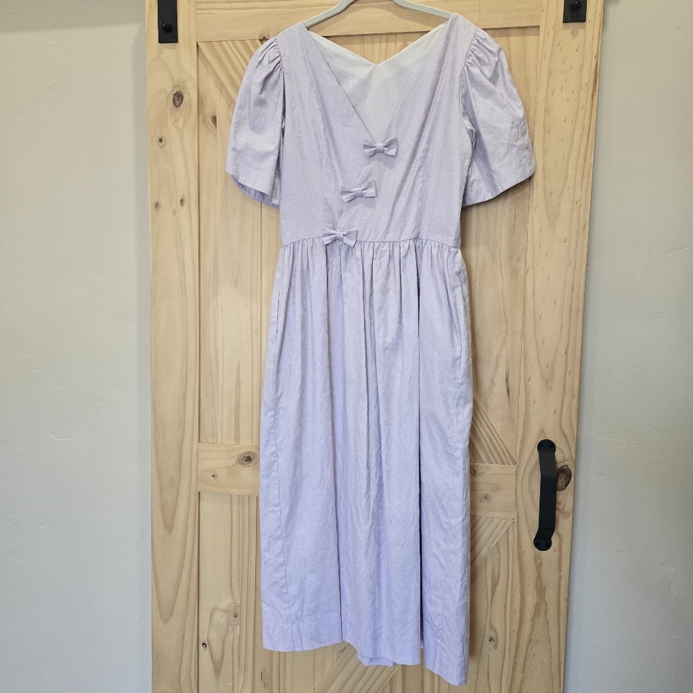 VTG 80s LANZ Lilac Lavender Cottagecore Puff Sleeve Bowback Maxi Dress Womens 14 - Picture 4 of 8